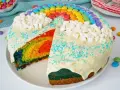 Bunter, sommerlicher Kuchen mit Regenbogen-Schichten, weißen Marshmallows und bunten Smarties.