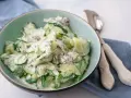 Frischer gurkensalat mit saurer sahne, Dill und roten Zwiebeln in einer Schüssel, bereit zum Servieren.