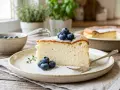 Ein Stück luftiger Kuchen mit Joghurt, garniert mit Blaubeeren und Puderzucker, auf einem Teller mit einer Gabel.