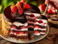 Ein saftiger Erdbeer Schoko Kuchen mit frischen Erdbeeren und Schokoladenglasur. Ein Stück wird gerade herausgenommen.