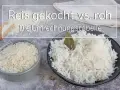 Reis gekocht vs. roh: Die Umrechnungstabelle hilft, die Reis Kalorien zu verstehen. Zwei Schüsseln Reis, eine roh, eine gekocht.