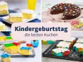 Bunte Kuchen für Kindergeburtstage: Kleine, bunte Kuchenstücke und ein Schokoladenkuchen mit bunten Smarties.