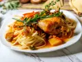 Deftig pollo alla cacciatora mit Spaghetti, garniert mit Rosmarin.