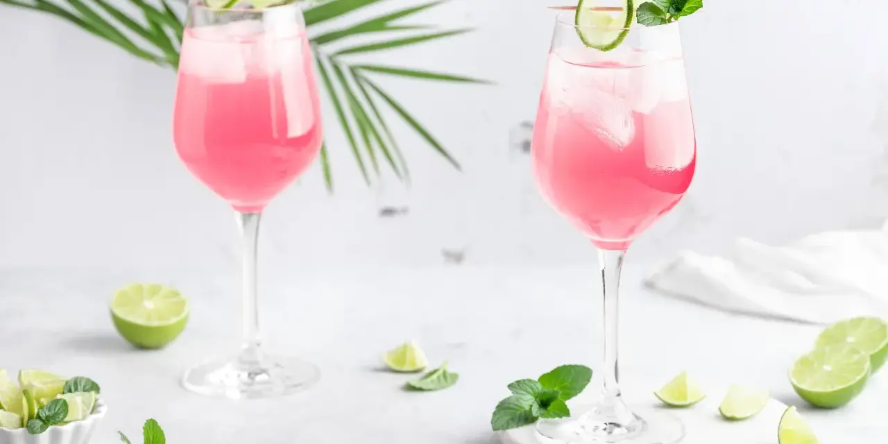 Zwei Sarti Spritz Cocktails mit Eis, Limettenscheiben und Minze, garniert mit einer Palmblatt-Deko.