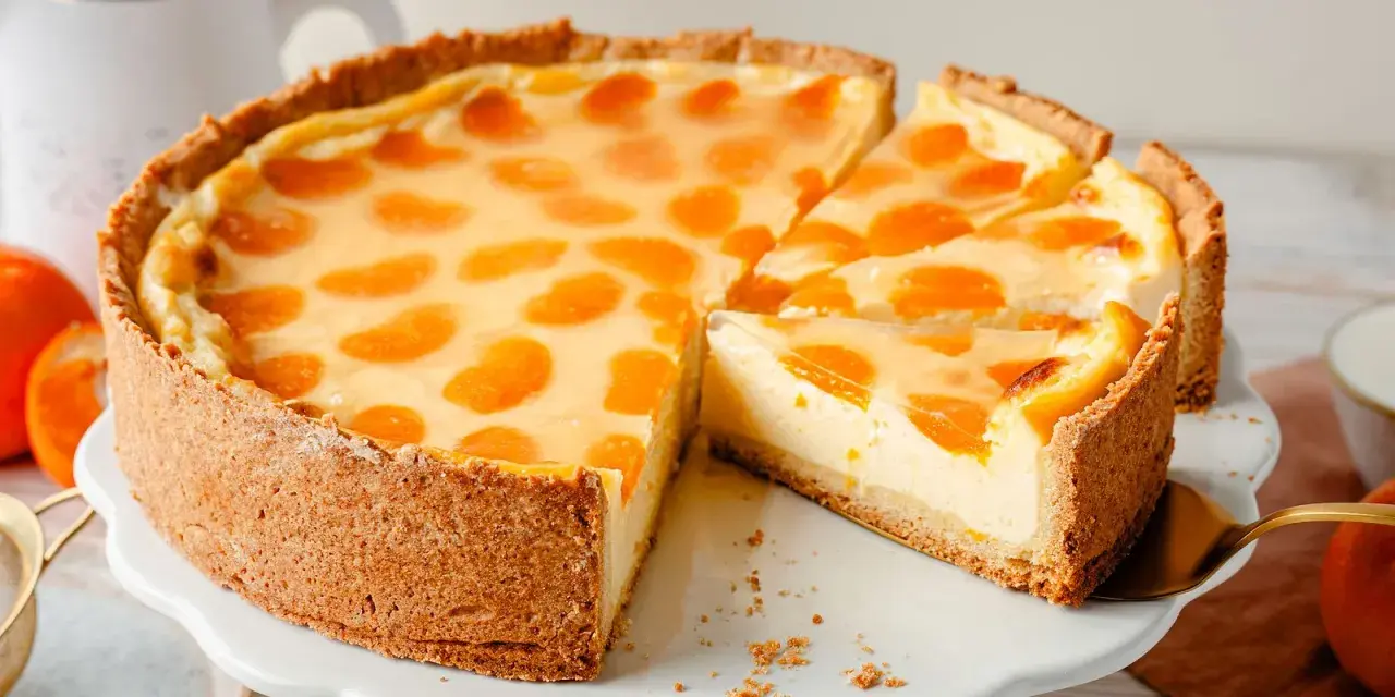 Ein saftiger Schmandkuchen mit Mandarinen, der auf einem weißen Tortenständer präsentiert wird. Ein Stück wurde bereits entnommen.