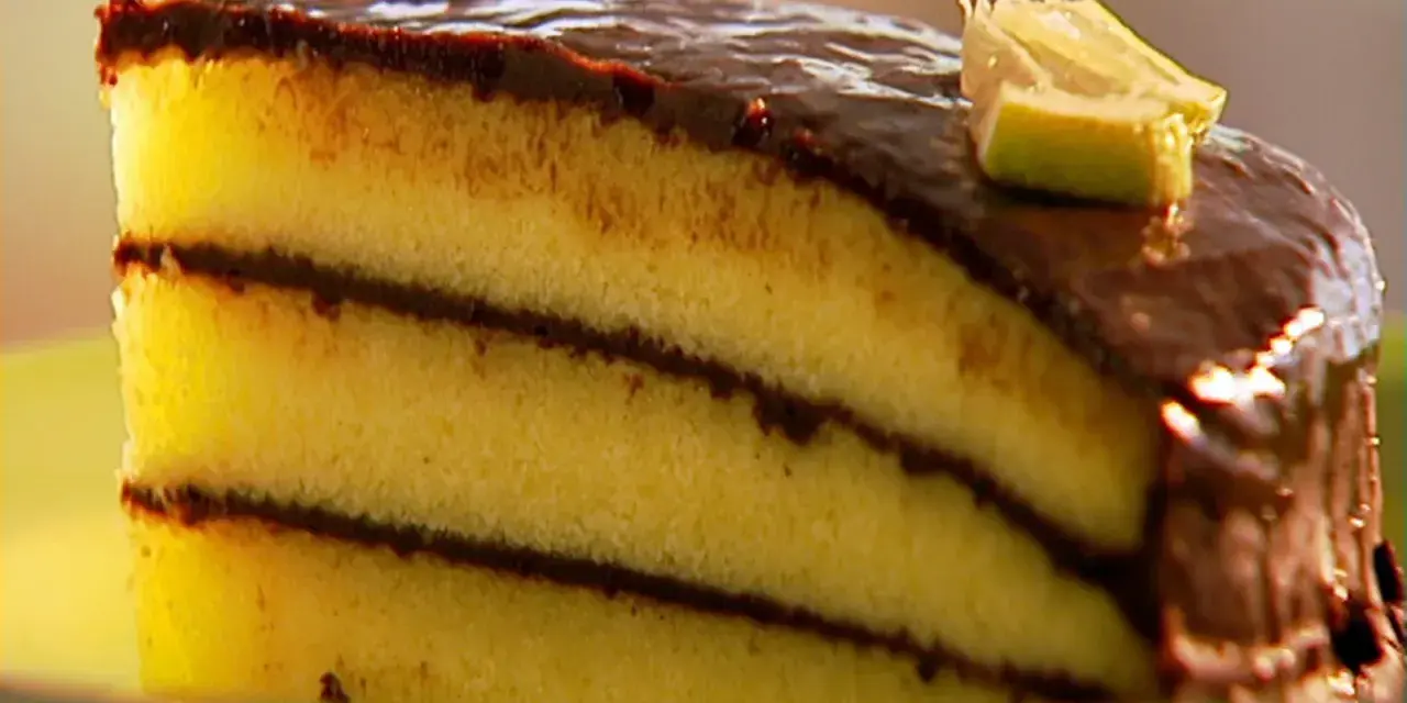 Ein saftiges Stück schoko zitronen kuchen mit Schokoladenglasur und einem Limettenschnitz.