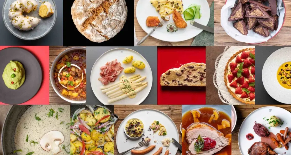 Vielfalt deutscher Gerichte: Von süßen Teilchen über deftige Eintöpfe bis zu Spargel und Braten.