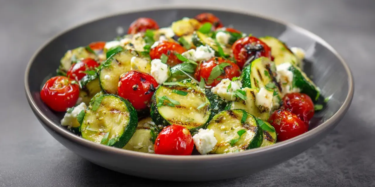 Ein köstlicher zucchini salat gebraten mit Kirschtomaten und Feta.