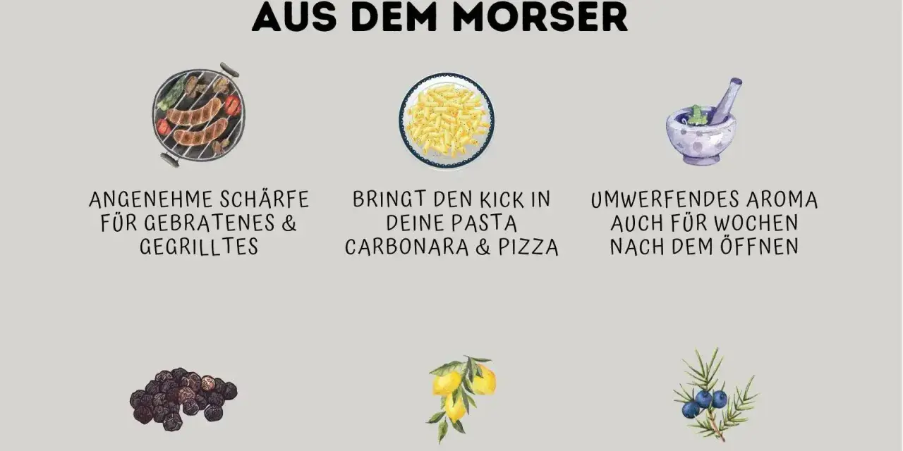 Soulfood-Pfeffer: frisch gemörsert, mit Tellicherry, Lemon Myrte und Wacholder. Perfekt für Gegrilltes, Pasta & Pizza.