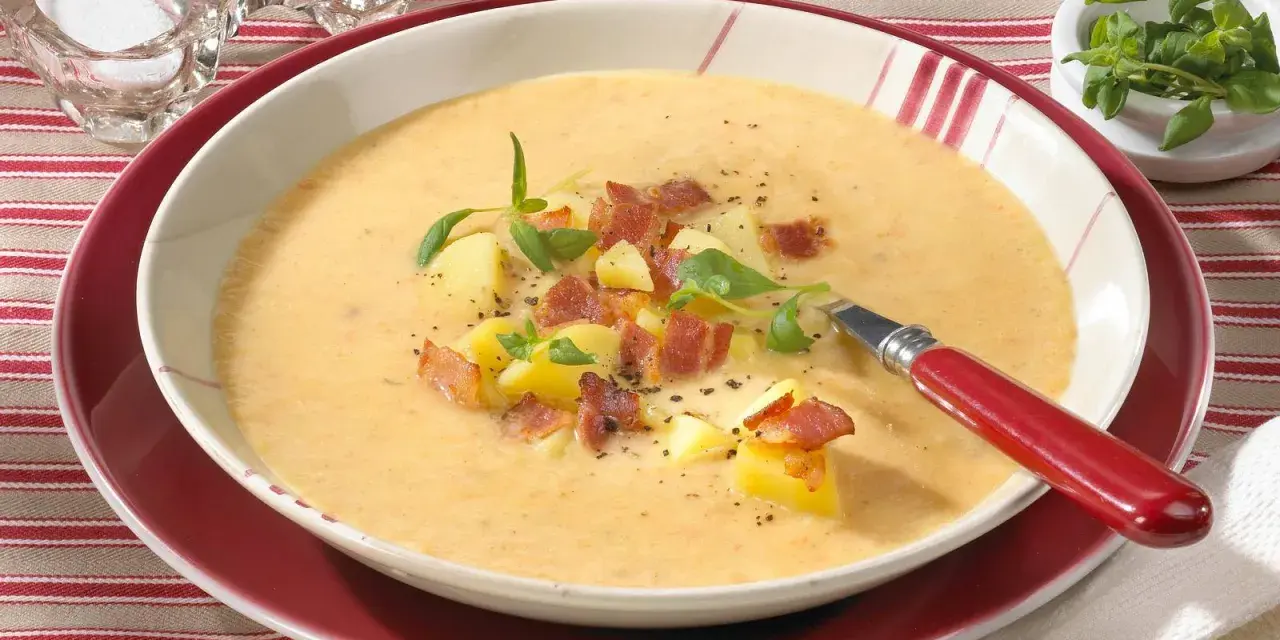 Eine dampfende, cremige Kartoffelsuppe mit Sahne, garniert mit Kartoffelwürfeln, knusprigem Speck und frischen Kräutern.