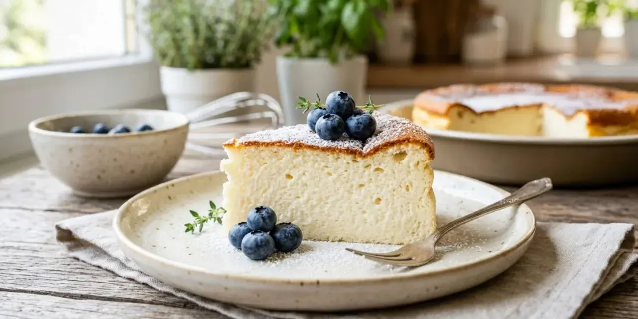 Ein Stück luftiger Kuchen mit Joghurt, garniert mit Blaubeeren und Puderzucker, auf einem Teller mit einer Gabel.