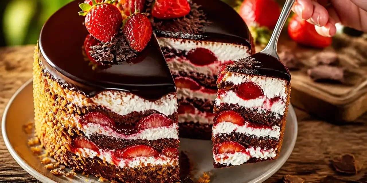 Ein saftiger Erdbeer Schoko Kuchen mit frischen Erdbeeren und Schokoladenglasur. Ein Stück wird gerade herausgenommen.