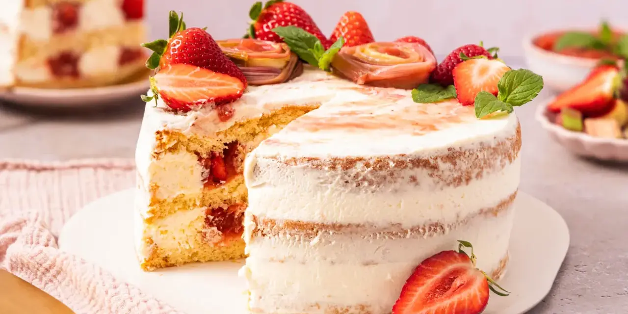 Eine köstliche Erdbeer Rhabarber Torte mit frischen Früchten und Sahne.