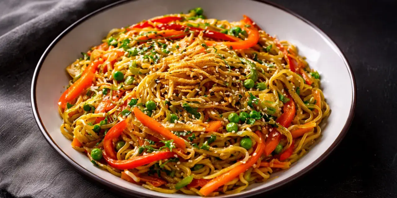 Ein Teller mit gebratenen Asia Noodles, garniert mit Erbsen, Paprika und Sesam. Ein köstliches Rezept für gebratene Asia Noodles.