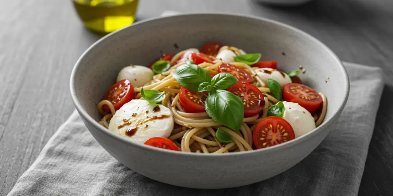 Spaghettisalat mit Knoblauch, Kirschtomaten und Mozzarella-Kugeln, garniert mit Basilikum. Ein leichter Genuss.