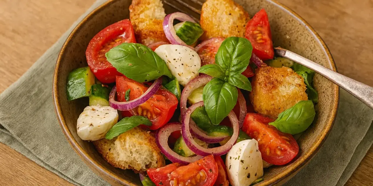 Toskanischer Brotsalat original: Frische Tomaten, Gurken, rote Zwiebeln, Mozzarella und knusprige Brotwürfel mit Basilikum.