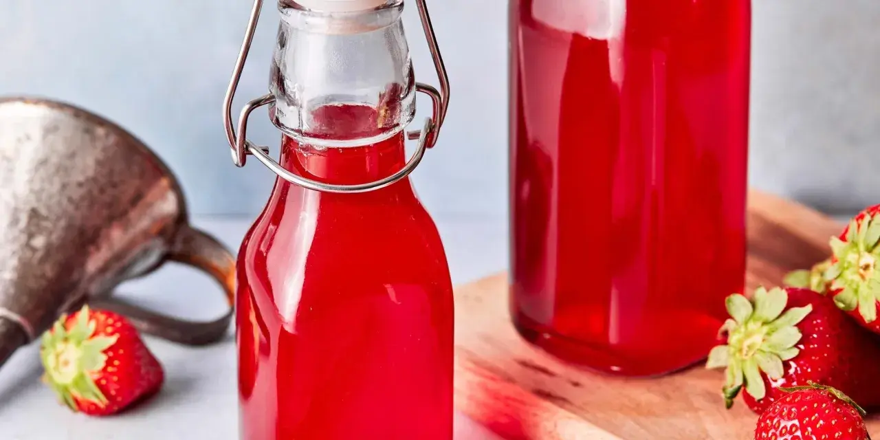 Zwei Flaschen mit leuchtend rotem Erdbeersirup, frisch zubereitet. Frische Erdbeeren liegen daneben.