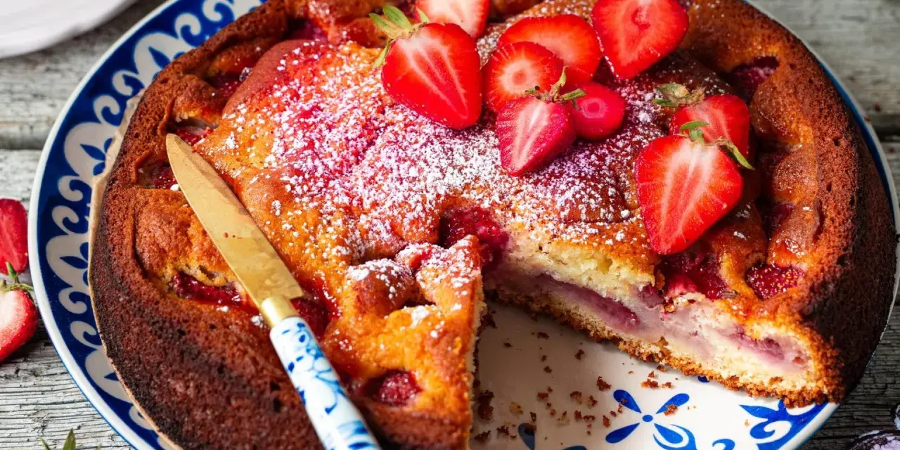 Saftiger Erdbeer Joghurt Kuchen, bestäubt mit Puderzucker und garniert mit frischen Erdbeeren. Ein Stück ist bereits angeschnitten.