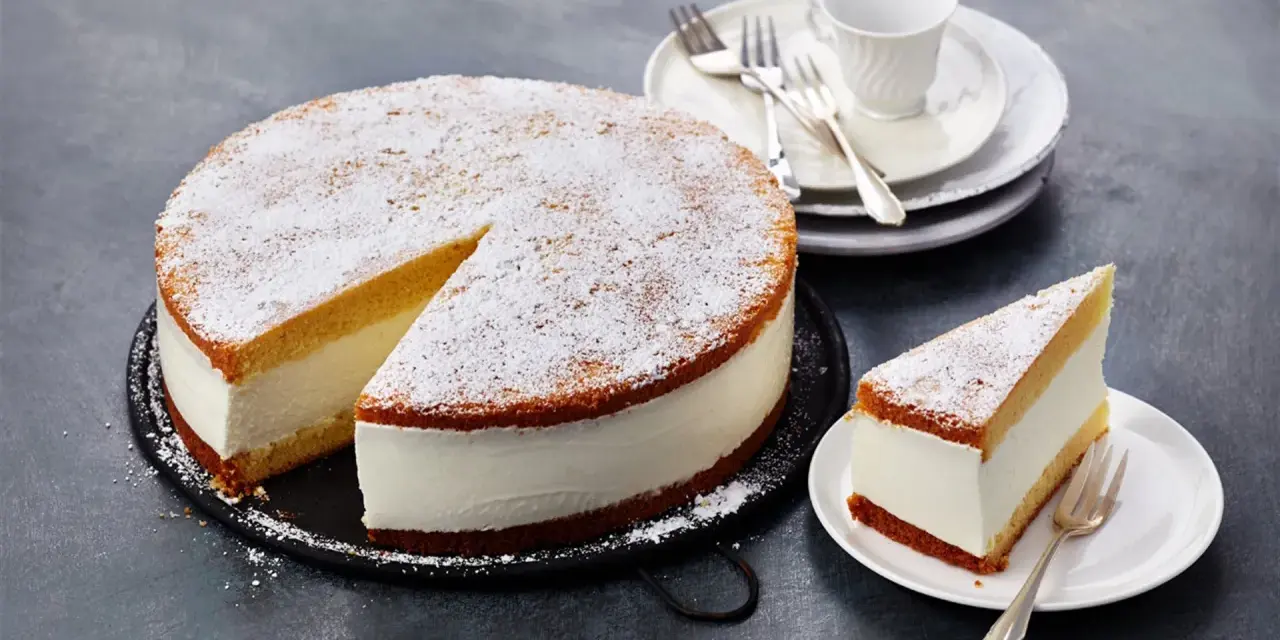 Eine köstliche Quark Sahne Torte, mit Puderzucker bestäubt, wartet auf ihre Genießer. Ein Stück ist bereits auf einem Teller angerichtet.