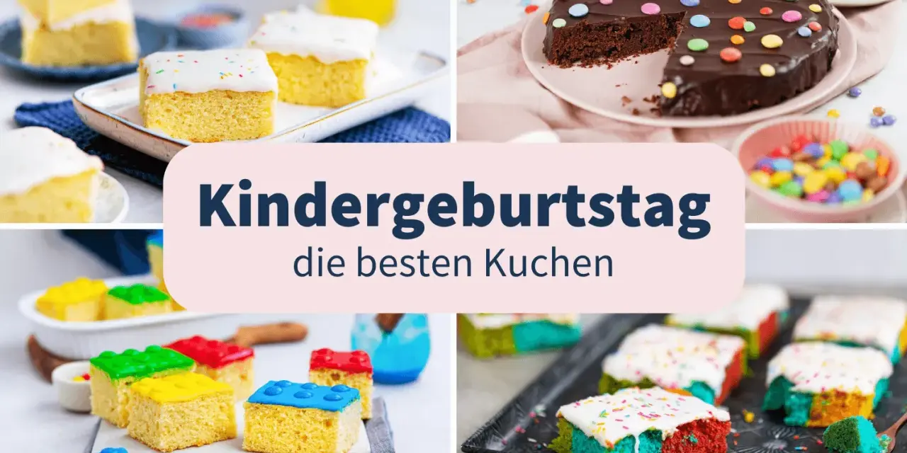Bunte Kuchen für Kindergeburtstage: Kleine, bunte Kuchenstücke und ein Schokoladenkuchen mit bunten Smarties.