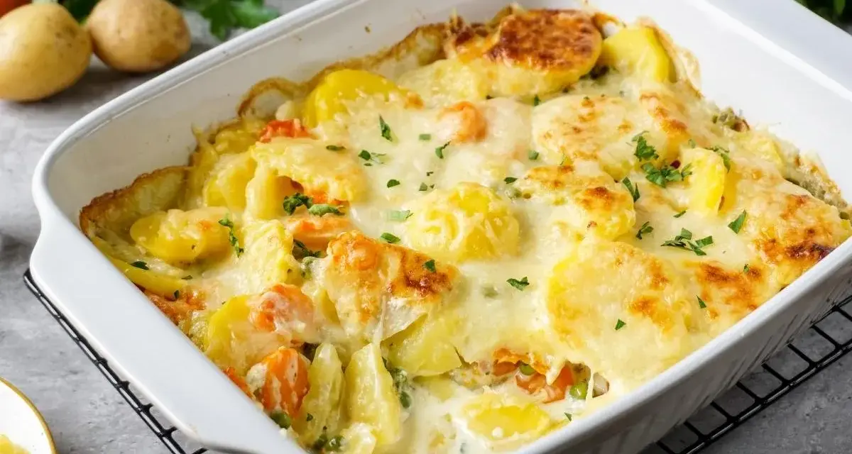 Kartoffeln mal anders: Cremiger Kartoffelauflauf mit Möhren und Erbsen, überbacken mit Käse und garniert mit Petersilie.