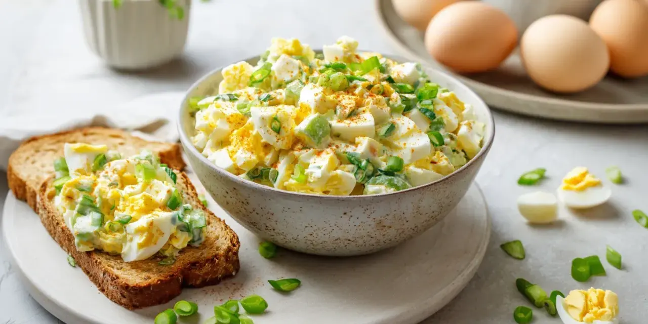 Cremiger Eiersalat mit Joghurt, garniert mit Frühlingszwiebeln, auf einer Scheibe Toastbrot. Daneben eine Schüssel voller Salat und einige gekochte Eier.