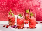 Vier erfrischende Bacardi Razz Mojitos mit Himbeeren und Minze, bereit zum Genießen.