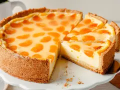 Ein saftiger Schmandkuchen mit Mandarinen, der auf einem weißen Tortenständer präsentiert wird. Ein Stück wurde bereits entnommen.