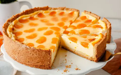 Ein saftiger Schmandkuchen mit Mandarinen, der auf einem weißen Tortenständer präsentiert wird. Ein Stück wurde bereits entnommen.