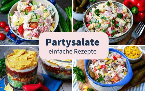 Vier leckere Partysalate, ideal zum Vorbereiten am Vortag: Nudel-, Tortilla- und Kartoffelsalat.