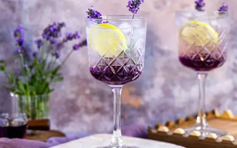 Erfrischender Lavendel Spritz mit Zitrone und Eis in eleganten Gläsern, garniert mit Lavendelblüten.
