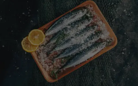 Frische Sardinen und Sardellen auf einem Holzbrett mit Zitrone und Kräutern, bereit für die Zubereitung. Der Unterschied zwischen Sardinen und Sardellen ist hier nicht ersichtlich.
