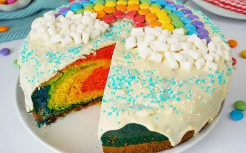 Bunter, sommerlicher Kuchen mit Regenbogen-Schichten, weißen Marshmallows und bunten Smarties.