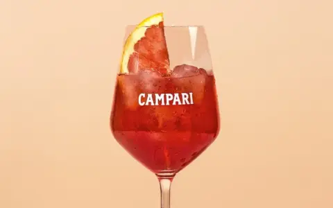 Ein Glas Campari mit Eis und einer Orangenscheibe. Entdecke die Vielfalt der Aperol Spritz Varianten!