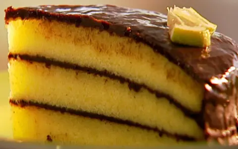 Ein saftiges Stück schoko zitronen kuchen mit Schokoladenglasur und einem Limettenschnitz.