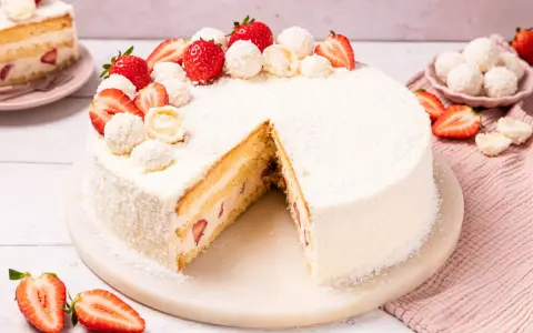 Eine köstliche Erdbeer Raffaello Torte, verziert mit frischen Erdbeeren und Raffaello Kugeln, auf einem Marmorsockel.