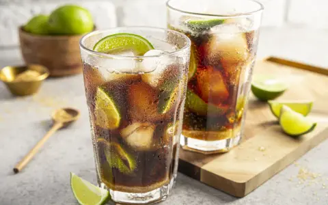 Zwei erfrischende Cuba Libre mit Eis und Limettenspalten, bereit zum Genuss.
