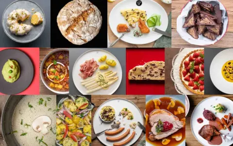 Vielfalt deutscher Gerichte: Von süßen Teilchen über deftige Eintöpfe bis zu Spargel und Braten.