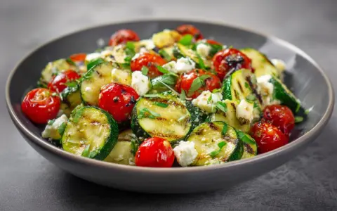Ein köstlicher zucchini salat gebraten mit Kirschtomaten und Feta.