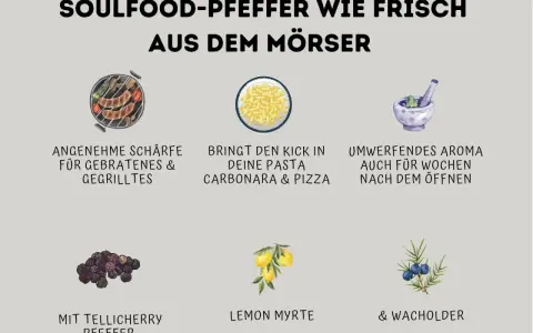 Soulfood-Pfeffer: frisch gemörsert, mit Tellicherry, Lemon Myrte und Wacholder. Perfekt für Gegrilltes, Pasta & Pizza.