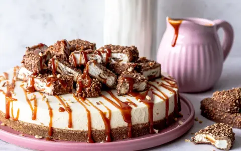 Ein cremiger Käsekuchen, dekoriert mit karamellisierten Maxi King Stücken und Karamellsauce. Ein Traum für jeden Kuchenliebhaber!