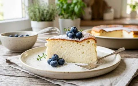 Ein Stück luftiger Kuchen mit Joghurt, garniert mit Blaubeeren und Puderzucker, auf einem Teller mit einer Gabel.