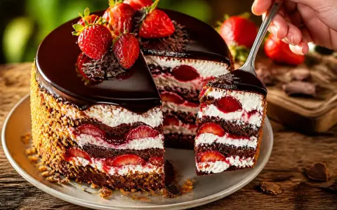 Ein saftiger Erdbeer Schoko Kuchen mit frischen Erdbeeren und Schokoladenglasur. Ein Stück wird gerade herausgenommen.