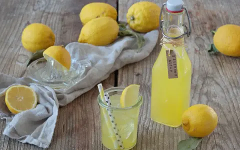 Frische Zitronen und selbstgemachter Zitronensirup in einer Flasche, bereit zum Genießen.