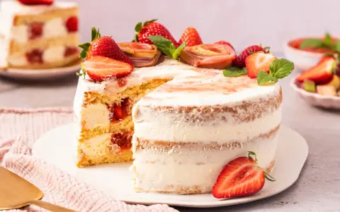 Eine köstliche Erdbeer Rhabarber Torte mit frischen Früchten und Sahne.