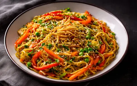 Ein Teller mit gebratenen Asia Noodles, garniert mit Erbsen, Paprika und Sesam. Ein köstliches Rezept für gebratene Asia Noodles.