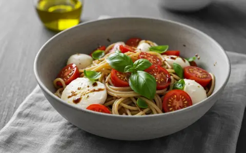 Spaghettisalat mit Knoblauch, Kirschtomaten und Mozzarella-Kugeln, garniert mit Basilikum. Ein leichter Genuss.