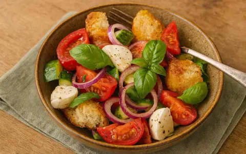 Toskanischer Brotsalat original: Frische Tomaten, Gurken, rote Zwiebeln, Mozzarella und knusprige Brotwürfel mit Basilikum.