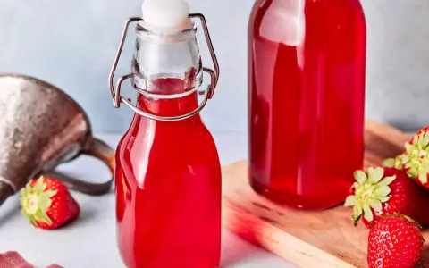 Zwei Flaschen mit leuchtend rotem Erdbeersirup, frisch zubereitet. Frische Erdbeeren liegen daneben.