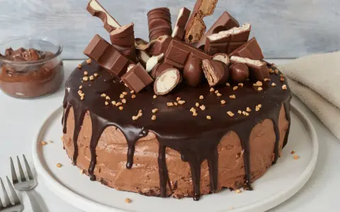 Schokoladentraum: Ein Kuchen, der Lust aufs Backen mit Nutella macht, dekoriert mit vielen Schokoriegeln und Pralinen.